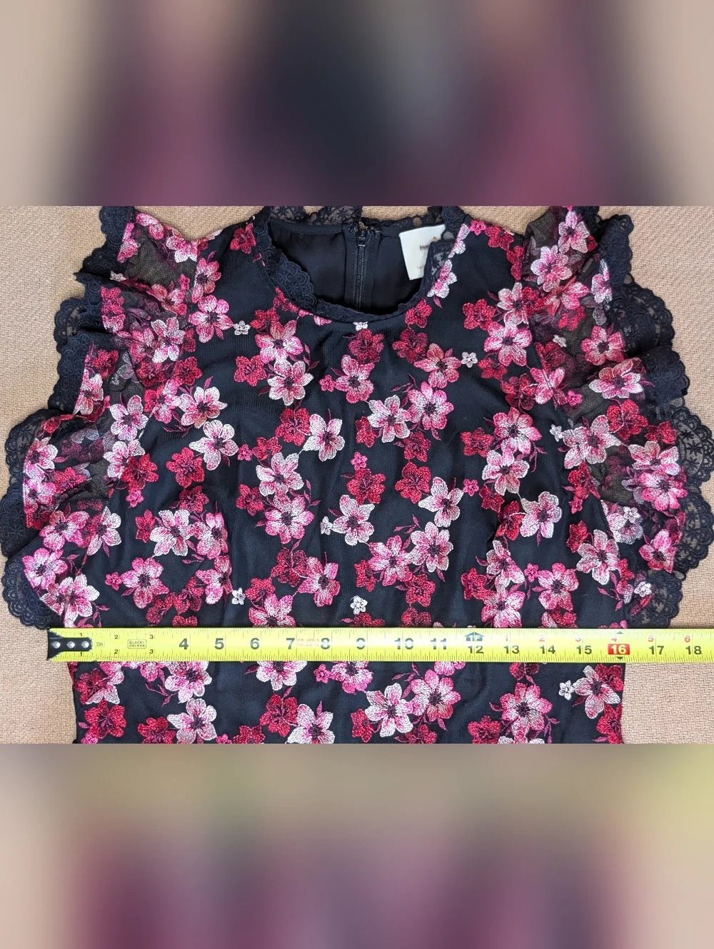 Kate Spade Black and Pink Floral Embroidered Tulle Flutter Sleeve Mini Dress